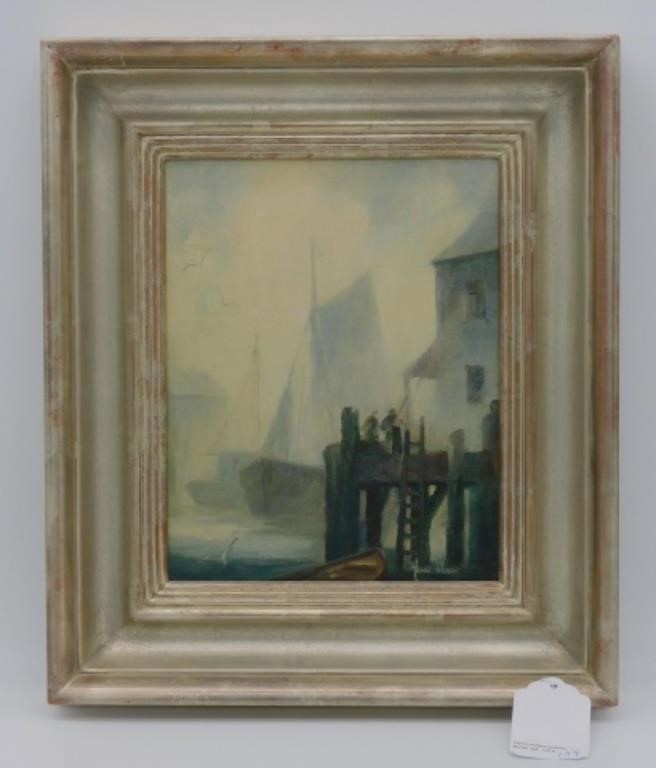 Appraisal: artist board depicting a dock scene Sight size x overall