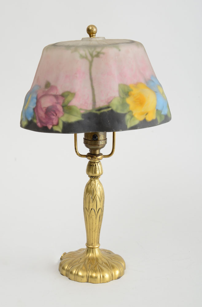 Appraisal: PAIRPOINT GILT-METAL TABLE LAMP WITH INTERIOR PAINTED PUFFY GLASS SHADE