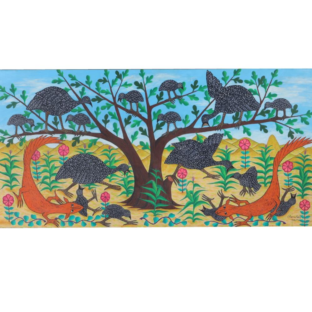 Appraisal: Charles Saul Haitian B foxes and fowl animals in landscape