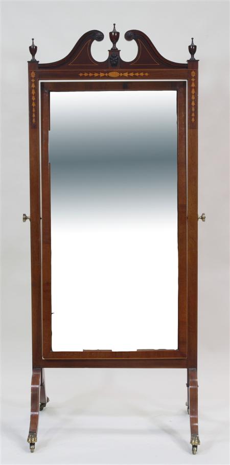 Appraisal: An Edwardian mahogany and boxwood strung cheval mirror the swan