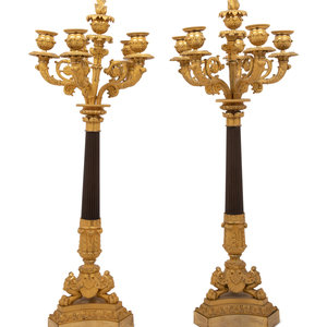 Appraisal: A Pair of Neoclassical Gilt and Patinated Bronze Six-Light Candelabra