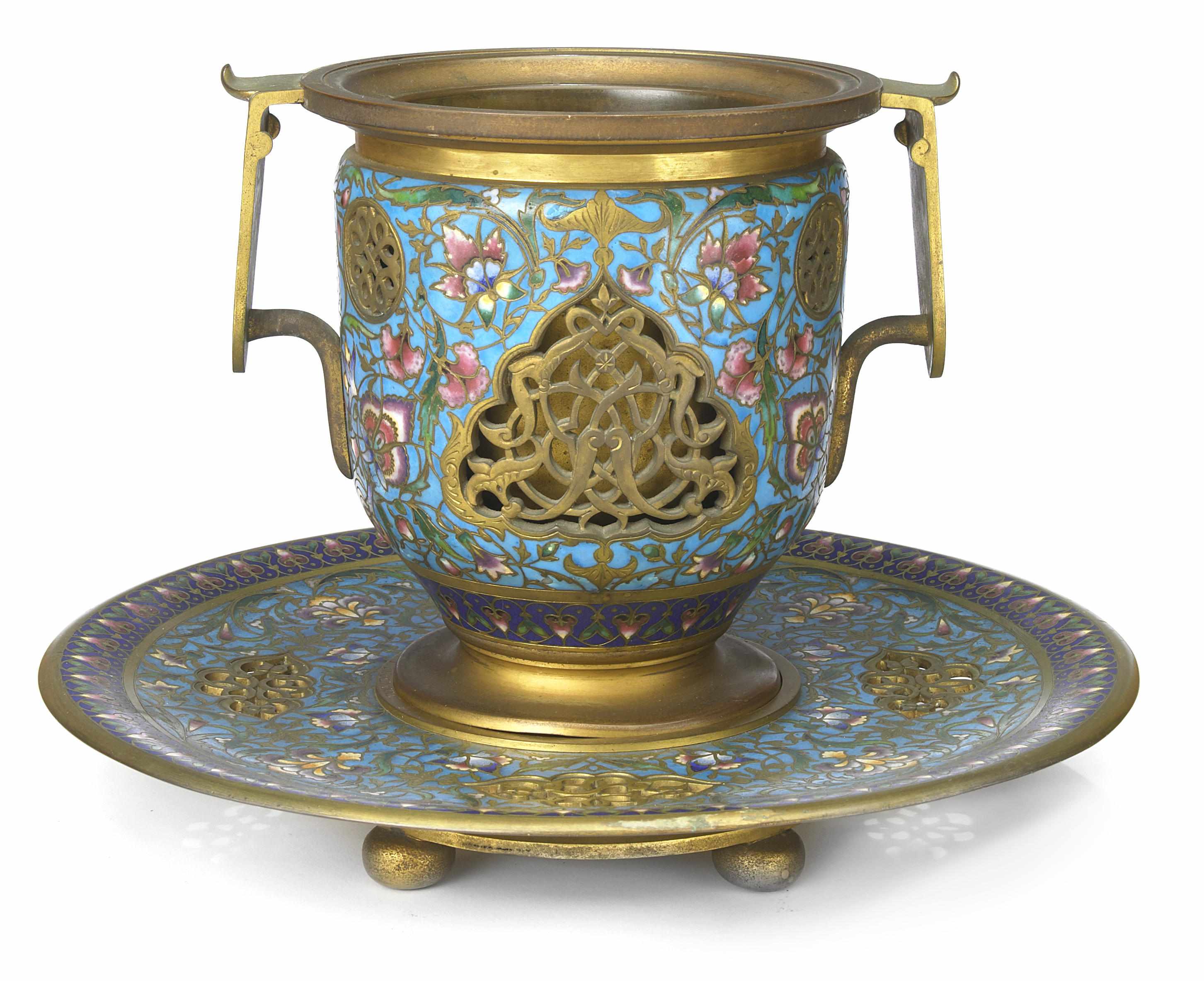 Appraisal: A French gilt bronze and champlev vase and undertray F