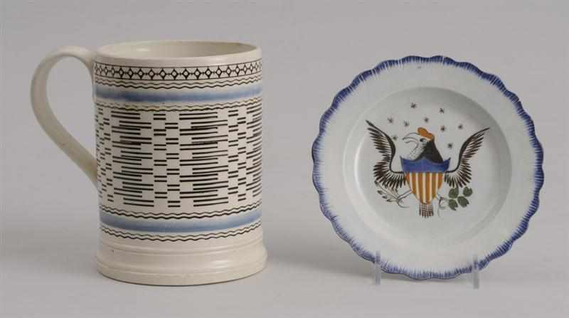 Appraisal: MOCHAWARE MUG AND A PEARLWARE DISH The one with black