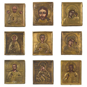 Appraisal: Nine Russian Brass Oklad Mounted Miniature Icons of Saints Each