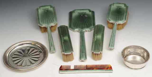 Appraisal: AN ART DECO SILVER AND ENAMEL DRESSING TABLE SET Charles