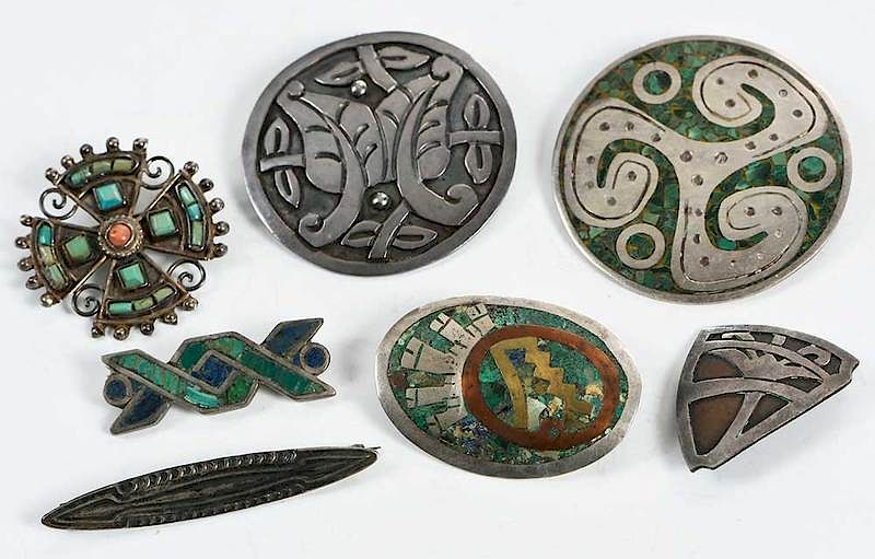 Appraisal: Seven Silver Brooches some with turquoise lapis and coral assorted