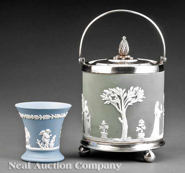 Appraisal: A Wedgwood Gray-Green Jasperware and Silverplate-Mounted Biscuit Jar th c