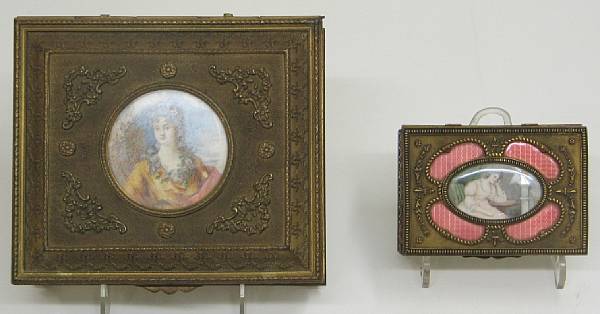 Appraisal: Two French gilt bronze table boxes inset with portrait miniatures