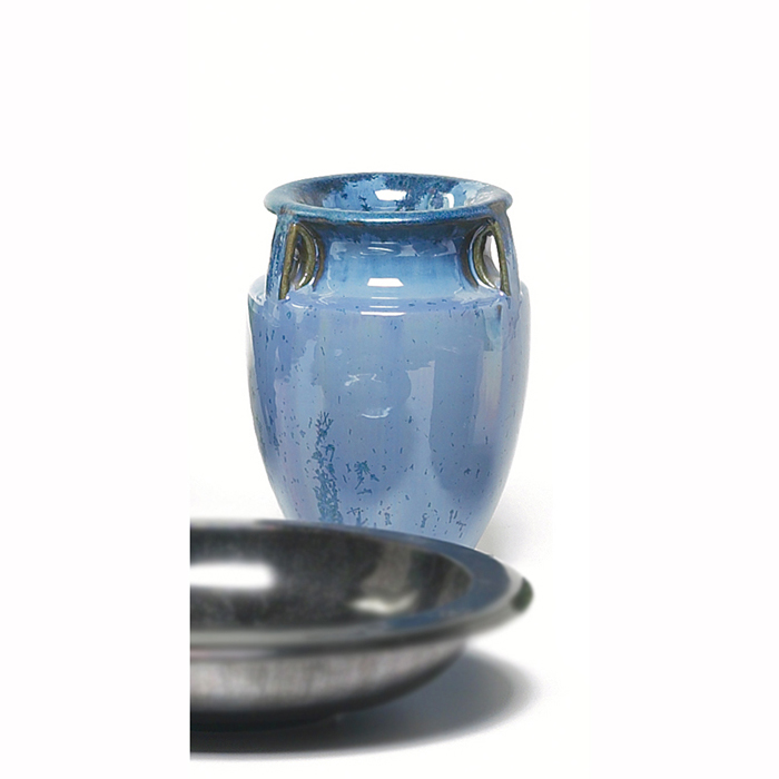 Appraisal: Fulper vase three-handled bullet shape covered in a blue crystalline