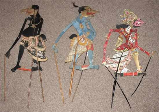 Appraisal: Three Balinese cut and polychrome rawhide shadow puppets late th