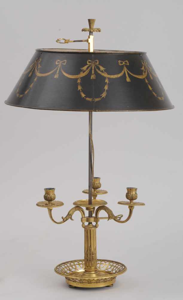 Appraisal: LOUIS XVI STYLE GILT-BRONZE THREE-LIGHT BOUILLOTTE LAMP The stop-fluted stem