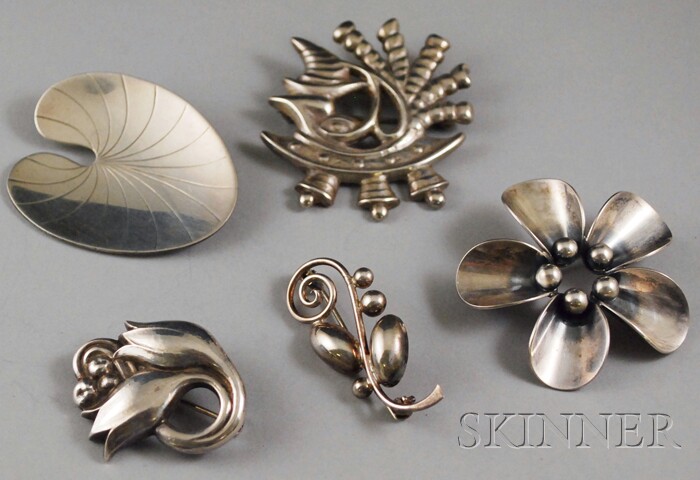 Appraisal: Georg Jensen Sterling Silver Floral Brooch and Four Additional Danish