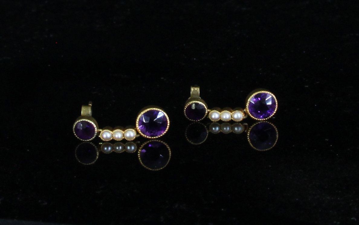 Appraisal: A pair of amethyst and seed pearl drop earrings