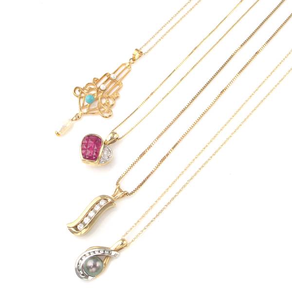 Appraisal: A large collection of gem-set and gold pendants with chains