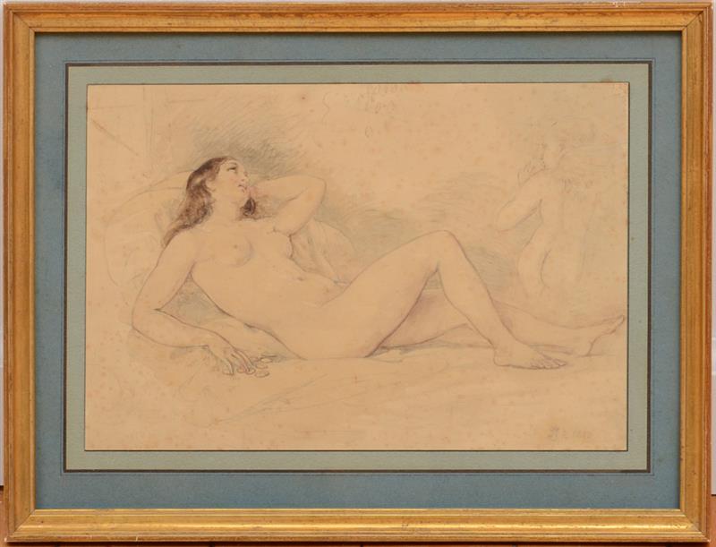 Appraisal: FRENCH SCHOOL DANAE WITH EROS Pencil and watercolor on laid