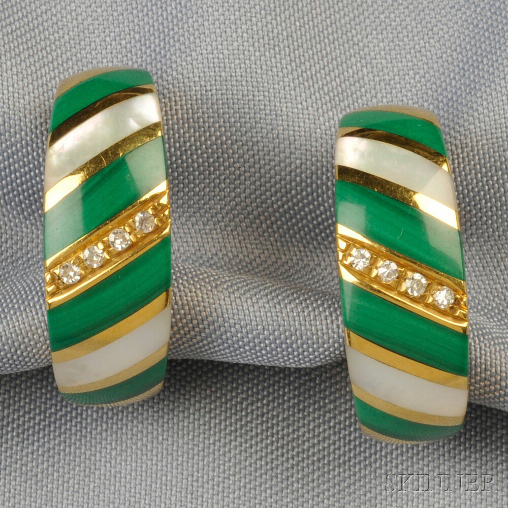 Appraisal: kt Gold Malachite Mother-of -Pearl and Diamond Earclips each inlaid