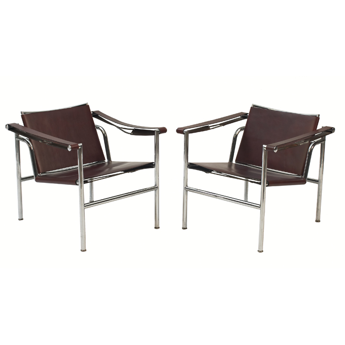 Appraisal: Le Corbusier LC Basculant chairs pair brown leather