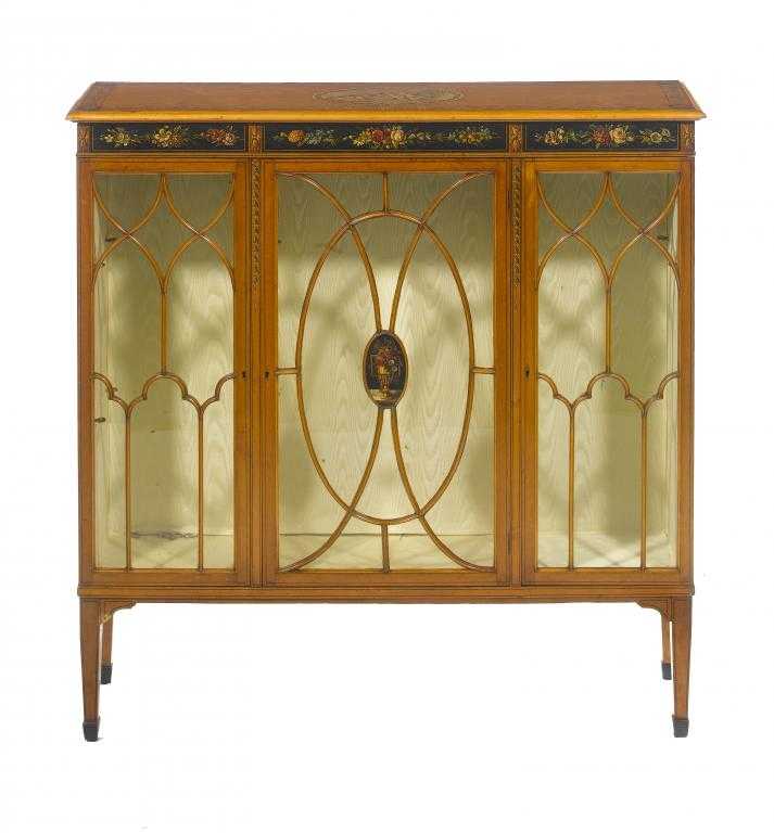 Appraisal: A PAINTED SATINWOOD CABINET the top with an oval panel