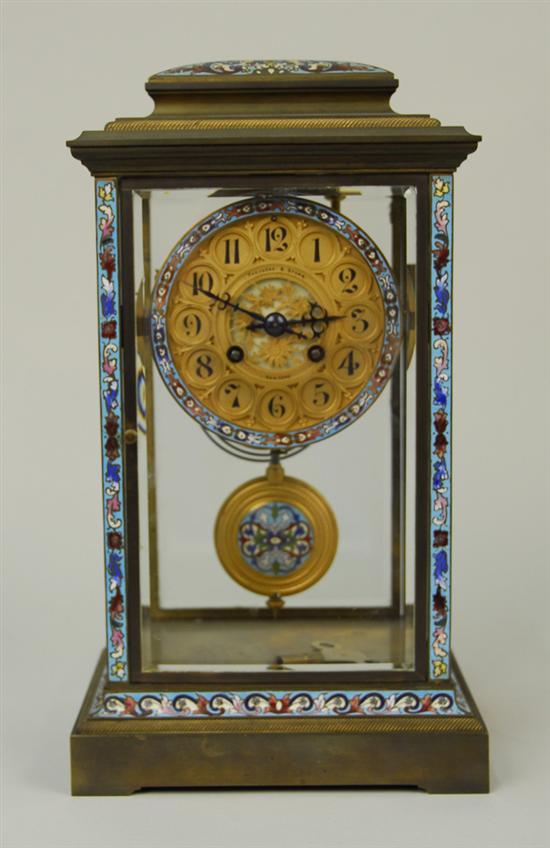 Appraisal: FRENCH GILT BRONZE ENAMEL AND BEVELLED GLASS MANTLE CLOCK Theodore