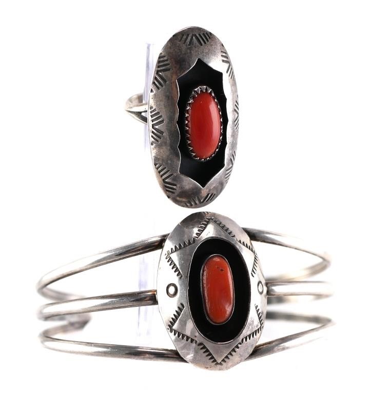 Appraisal: Native American sterling silver and red coral matching bracelet and