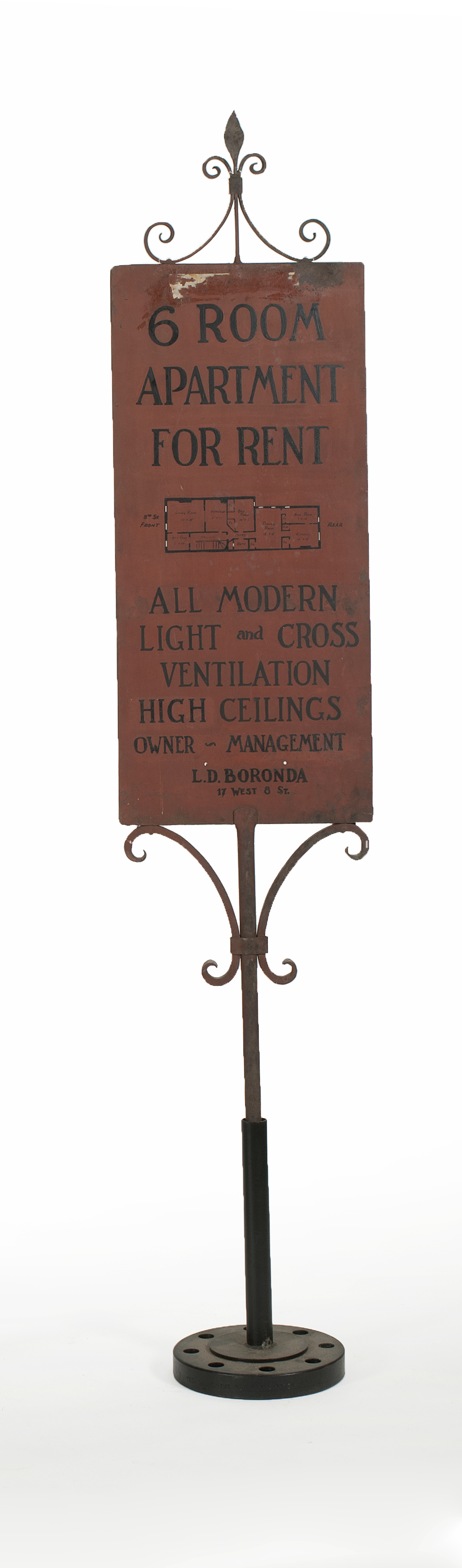 Appraisal: TIN AND WROUGHT IRON STANDING SIGN th Century Room Apartment