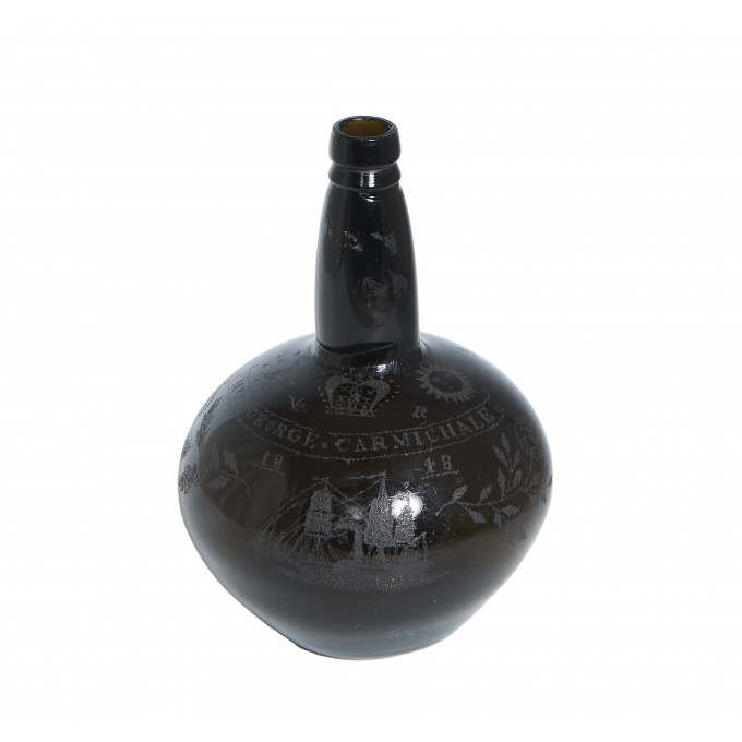 Appraisal: English Blown Black Glass Bottle th c with scratched decoration