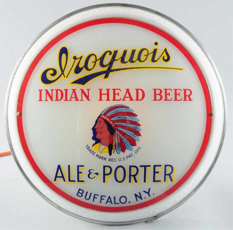 Appraisal: Iroquois Indian Head Beer Reverse Glass Sign Light-up sign with