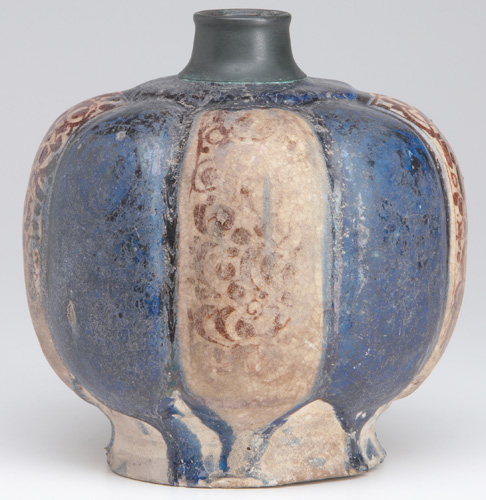 Appraisal: PERSIAN Melon-shaped vase with metal sheathing around the neck painted