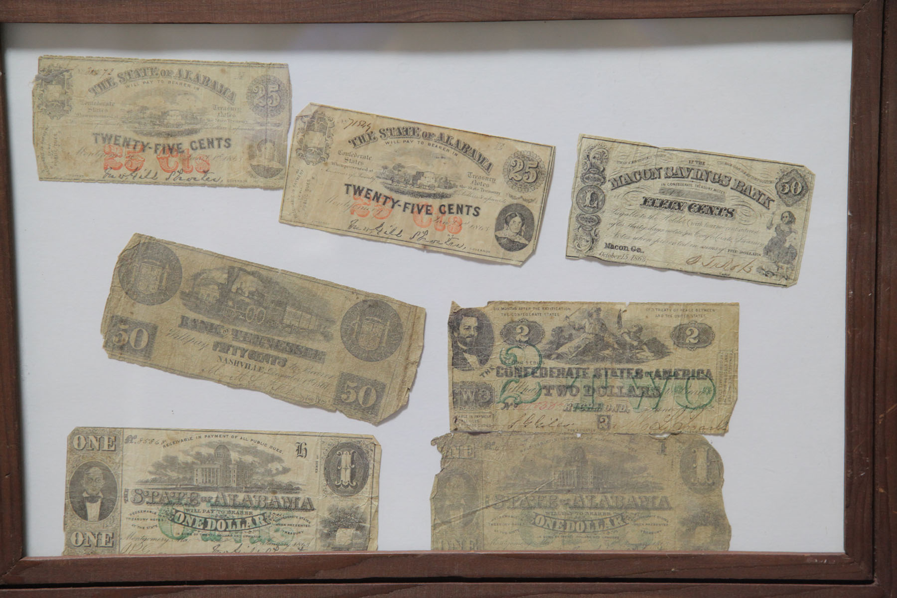 Appraisal: SEVEN PIECES OF FRAMED CONFEDERATE PAPER MONEY American late th