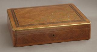 Appraisal: French Brass Bound Inlaid Mahogany Jewelry Box French Brass Bound