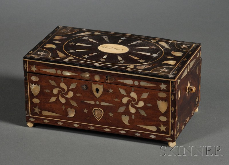 Appraisal: Inlaid Mahogany Veneer Sailor-made Trinket Box th century rectangular box