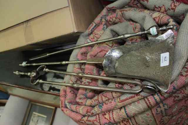 Appraisal: A SET OF TH CENTURY POLISHED STEEL FIRE IRONS with