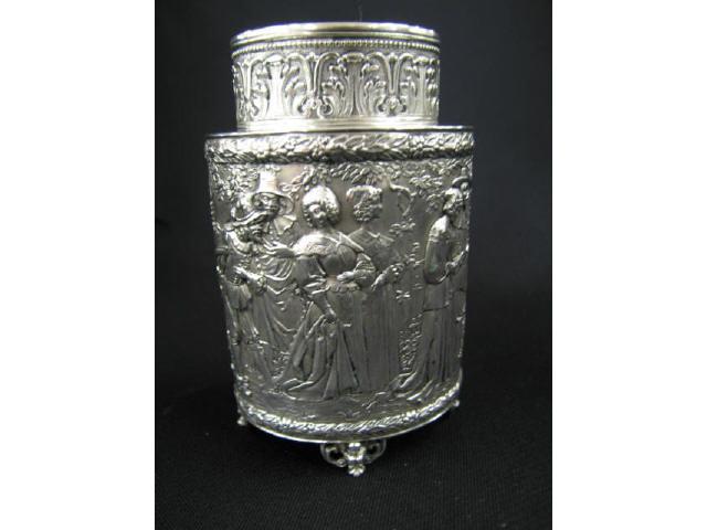 Appraisal: European Silver Footed Tea Caddy footed elaborate garden scenes marked