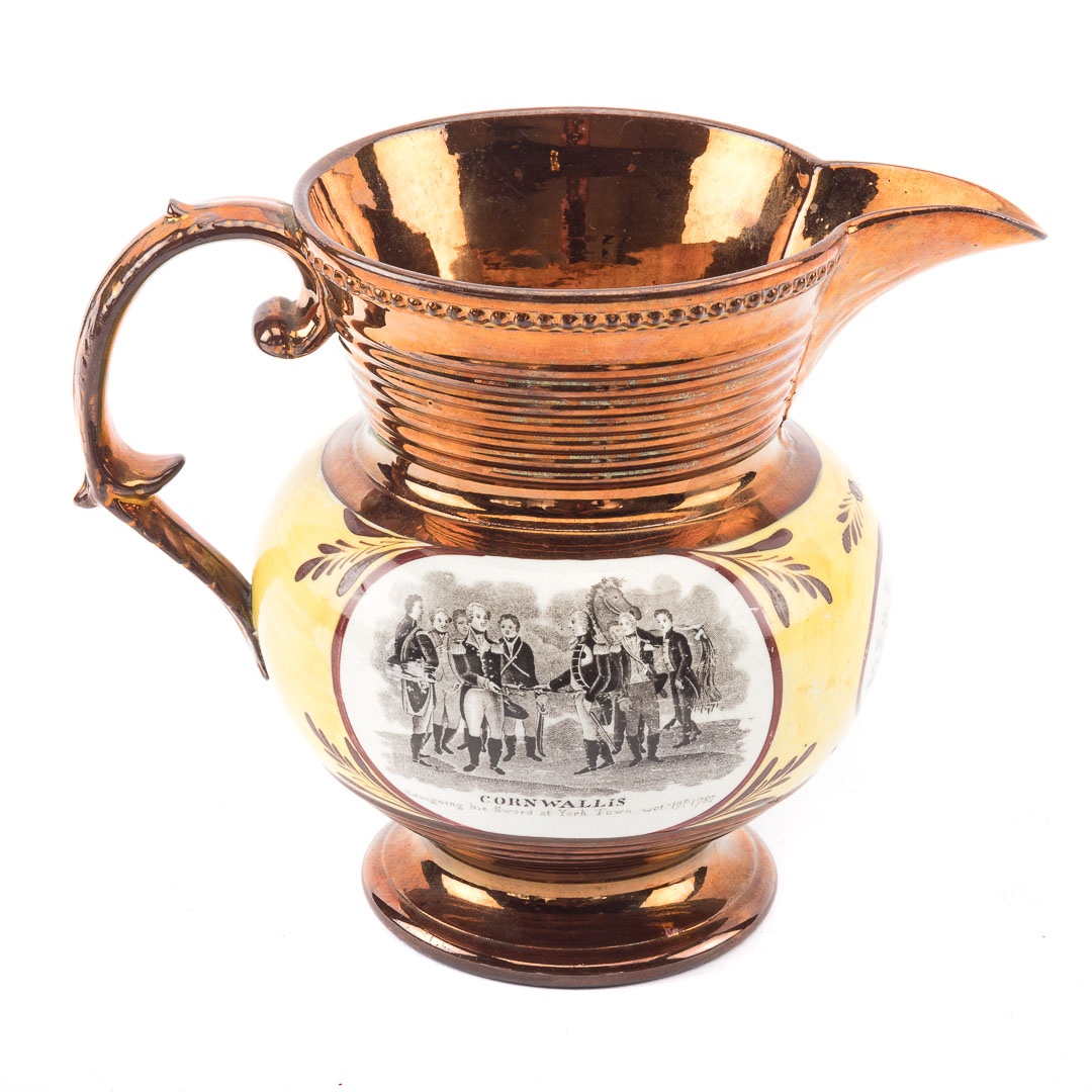 Appraisal: Staffordshire copper lustre jug circa with transfer vignettes of Lafayette