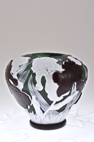 Appraisal: Pilgrim Cameo Glass Vase Iris Bouquet cutaway Titled Signed and