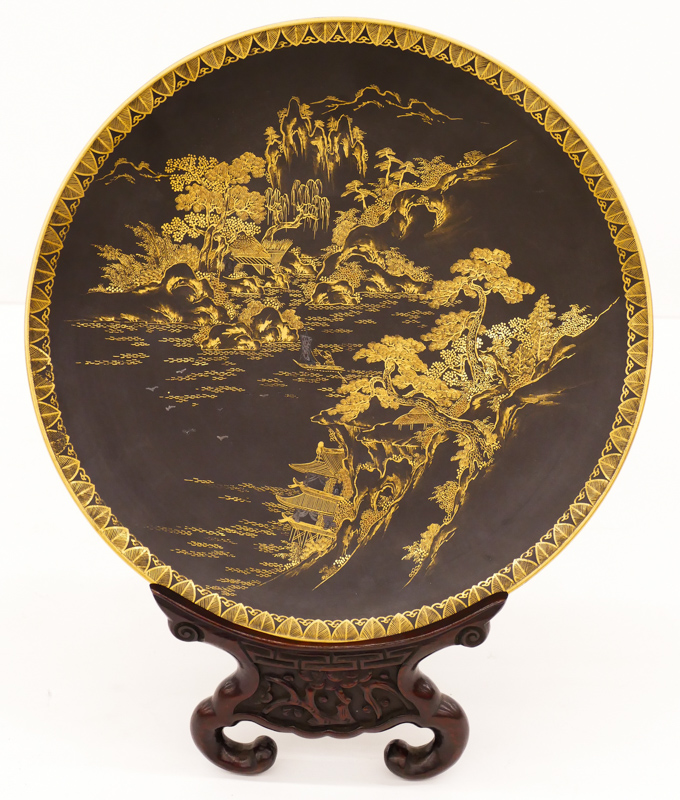 Appraisal: Japanese Black Satsuma Charger on Stand ''x '' A damascene-like