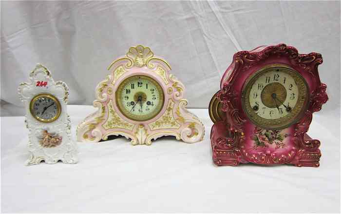 Appraisal: THREE CHINA CASE MANTEL CLOCKS small French boudoir time alarm