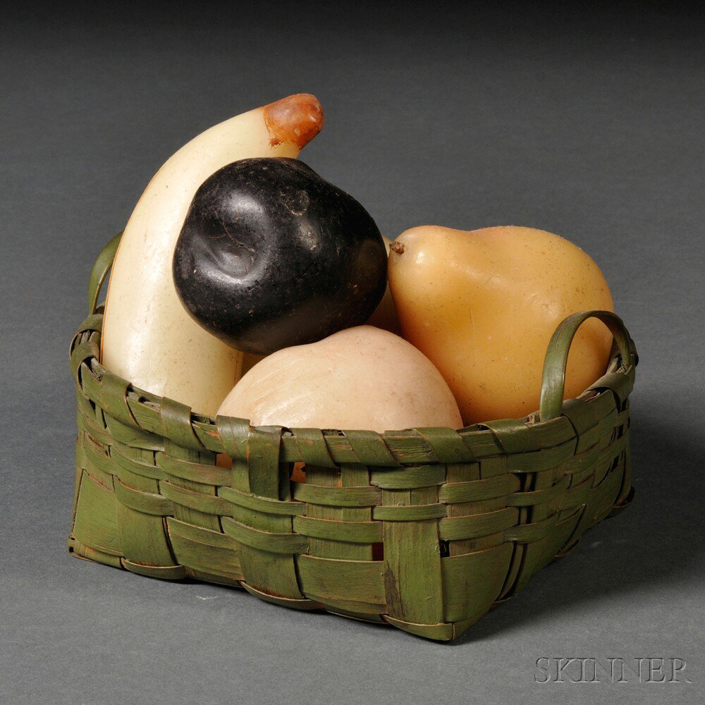 Appraisal: Small Green-painted Splint Basket with Five Pieces of Wax Fruit