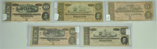 Appraisal: Five Confederate Notes Note dated Dec nd pinkish color with