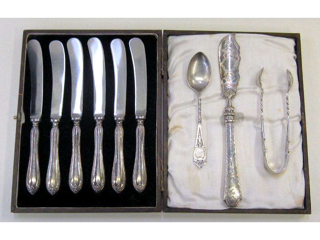 Appraisal: Lot comprising cased set of six silver handled knives a