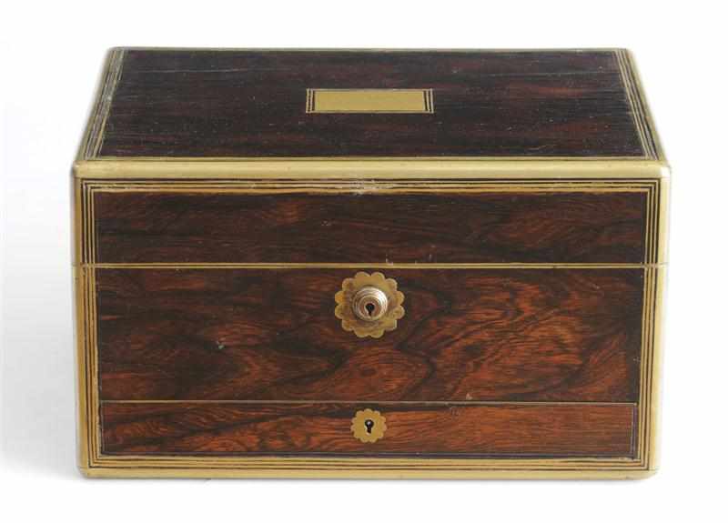 Appraisal: VICTORIAN BRASS-INLAID ROSEWOOD DRESSING BOX The hinged lid inscribed ''Mrs