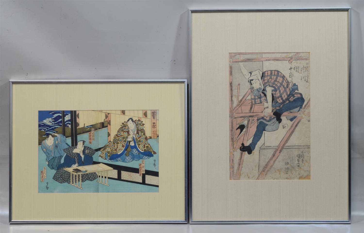 Appraisal: Japanese Woodblock Prints Three Men with Calligraphy Set two plates