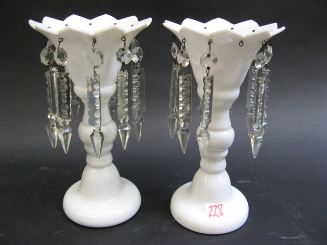 Appraisal: PAIR AMERICAN WHITE GLASS LUSTRES with clear hanging faceted prism-drops