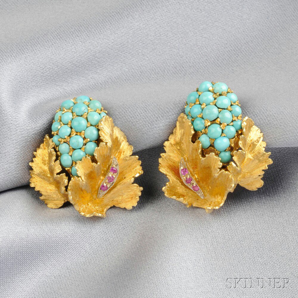 Appraisal: kt Gold and Turquoise Earclips each designed as a cluster