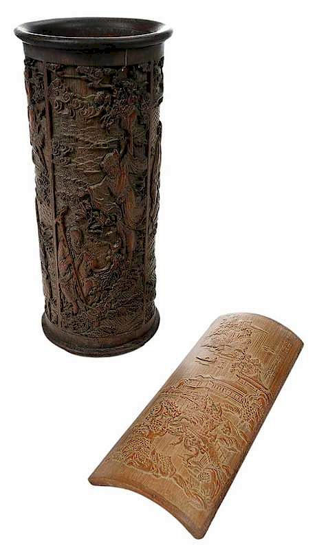 Appraisal: Chinese Bamboo Brush Pot and Arm Rest th th century