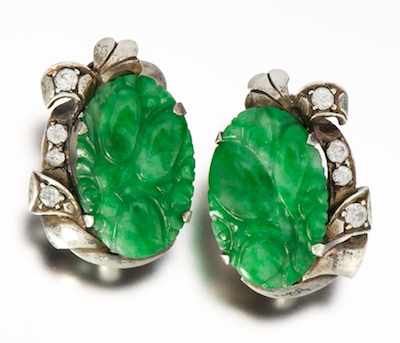 Appraisal: A Pair of Sterling Silver and Jadeite Earclips Sterling silver