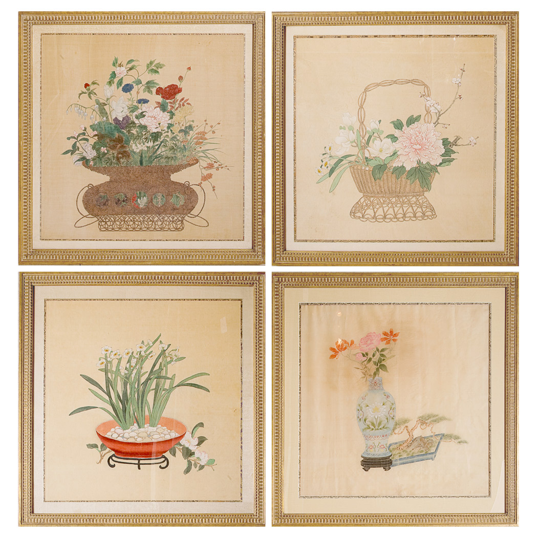 Appraisal: Chinese School Flowers in Baskets and Vases Four Ink and