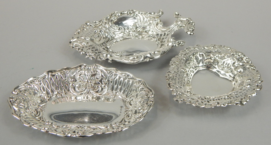 Appraisal: Three various late thC early thC pierced silver bonbon dishes