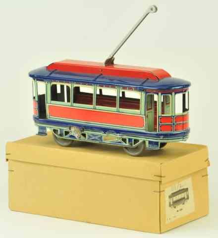 Appraisal: OROBR TROLLEY WITH BOX Germany lithographed tin done in red