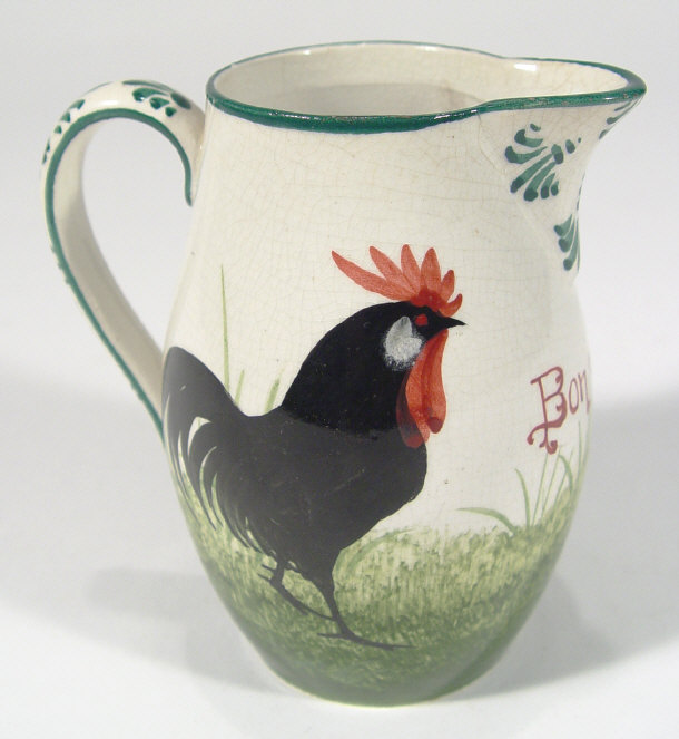 Appraisal: Weymss china jug painted with black cockerels and script Bonjour